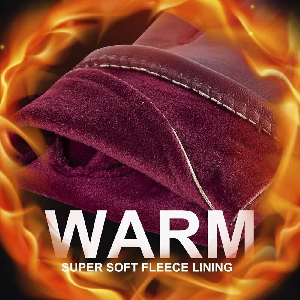 Women's Winter Leather Gloves Touch Screen Wool Lined Windproof Warm Suede Red